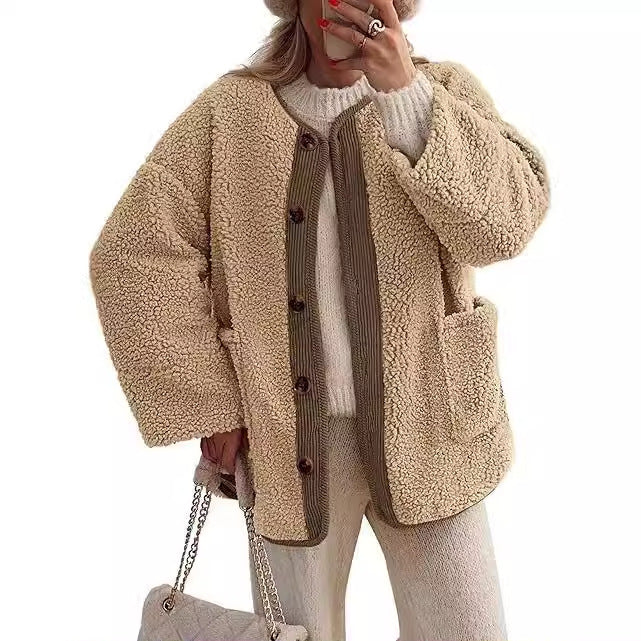 Street-Wave Cozy Teddy Jacket For Women With Color-Matched Collar Warm Plush Comfort