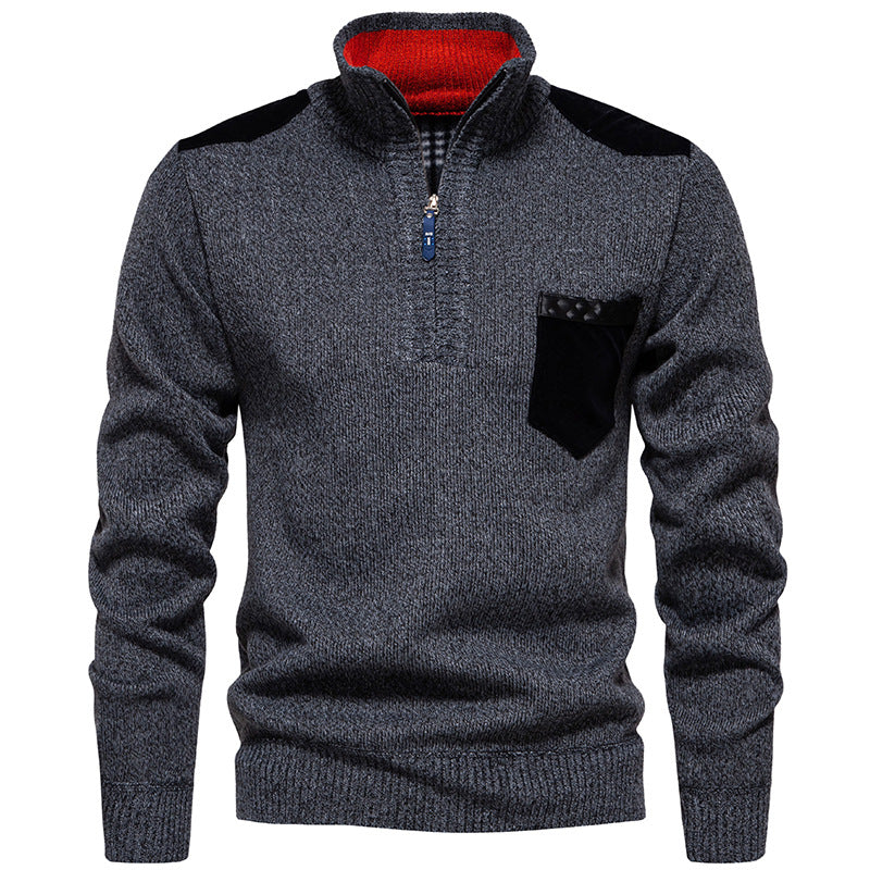 Street-Wave Men's Stand Collar Sweater With Contrast Details And Chest Pocket - Premium Warmth And Style