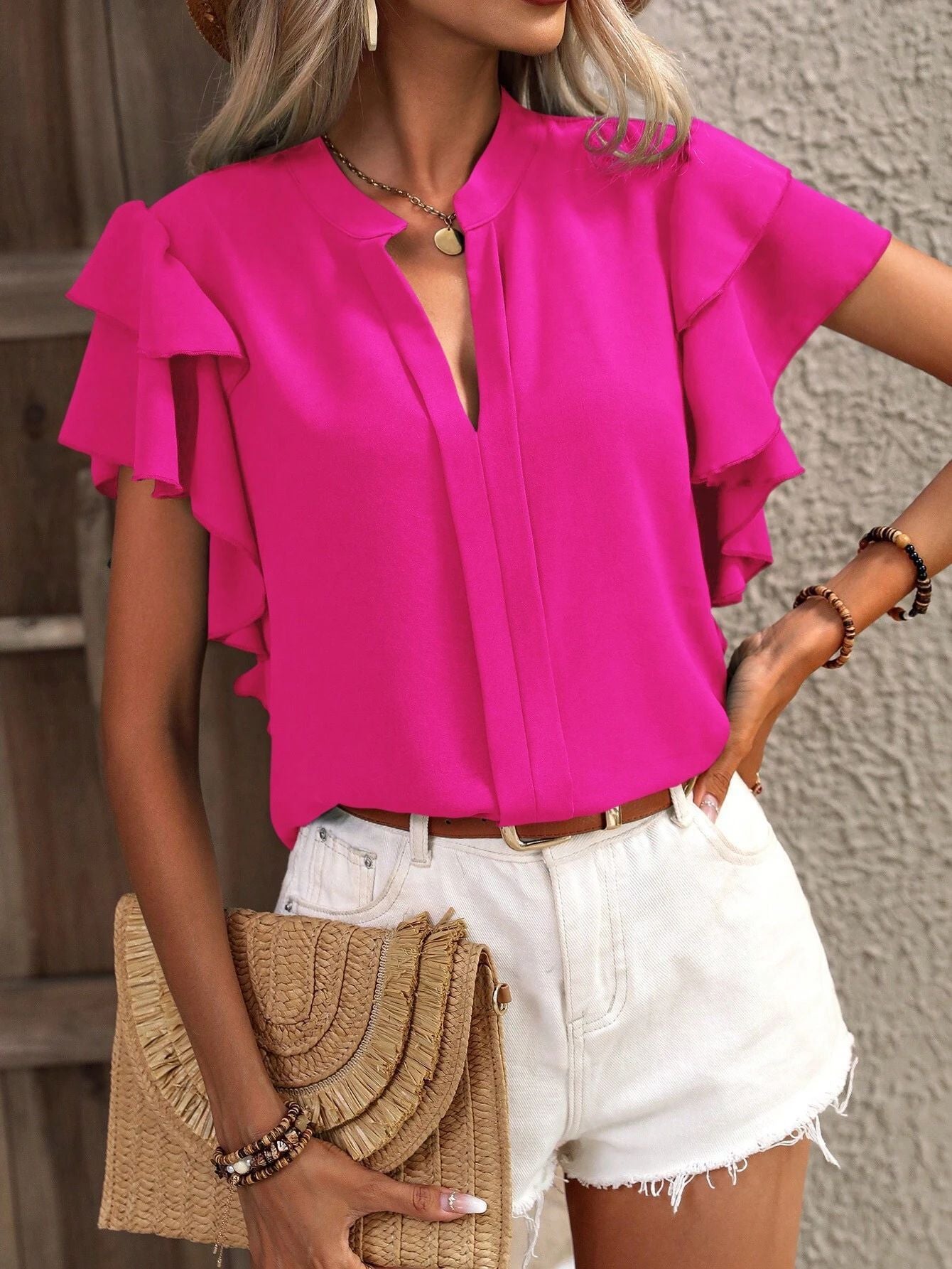 Street-Wave Women's Flounce Sleeve V-Neck Blouse Elegant Breathable Ruffle Top Versatile Everyday Wear