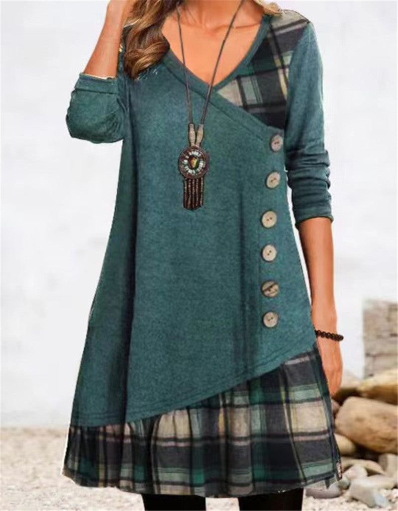 Streetwave Womens Asymmetric Casual Dress With Plaid Hem And Button Detail Perfect For Everyday Casual Wear