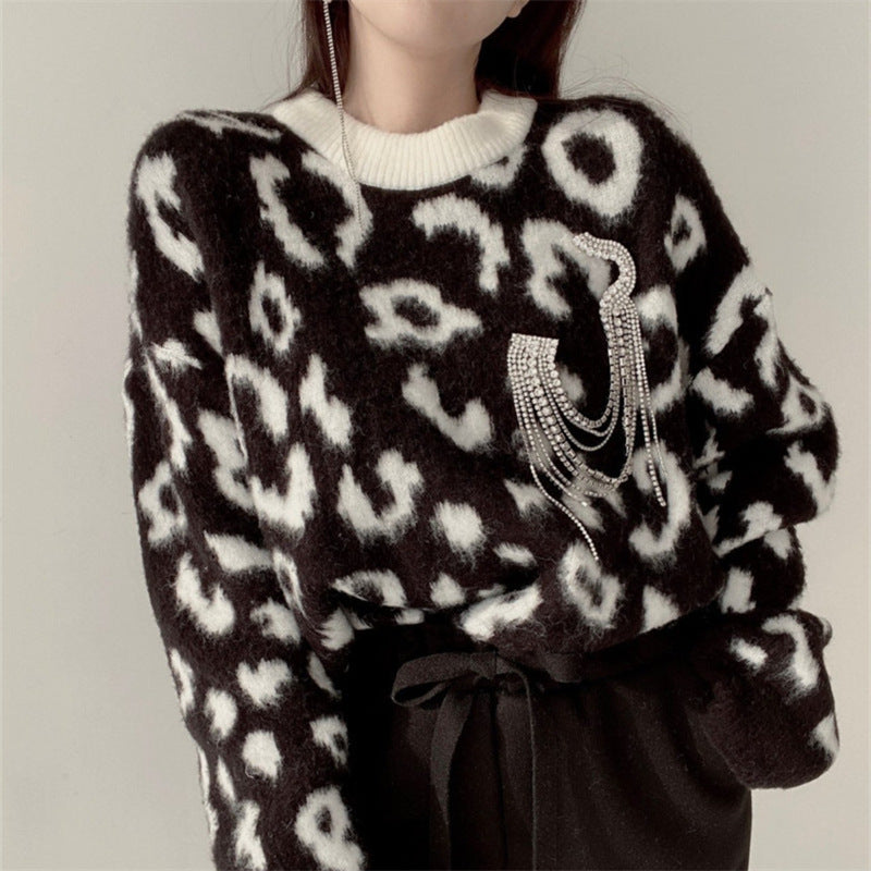 Street-wave Leopard Print Fluffy Sweater For Women Cozy Warmth And Soft Comfort All Day