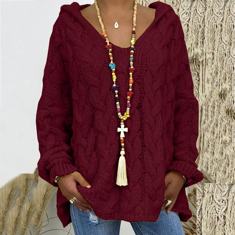 Street-wave Knitted Hoodie With V-Neck Cozy Cable Knit Sweatshirt For Women Elegant Casual Look