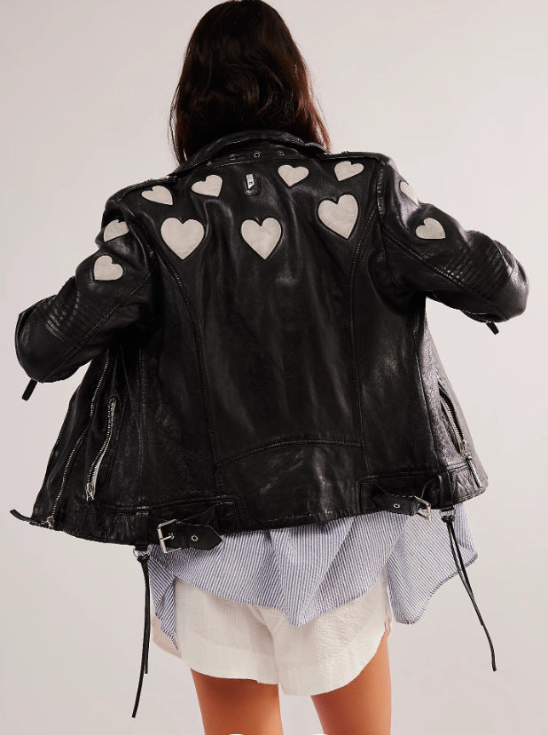 Street-wave Womens Faux Leather Jacket With Heart Appliques For Fashion Forward Fans