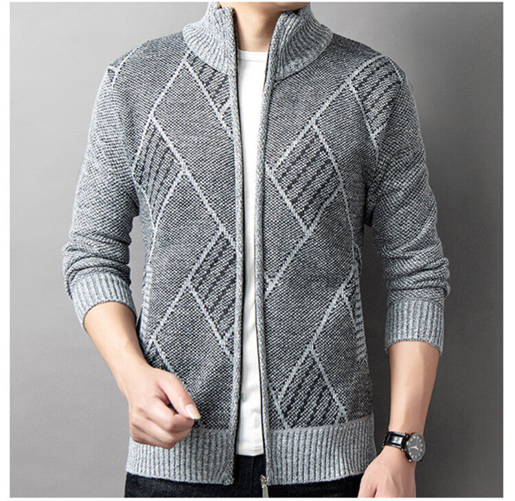 Street Wave Mens Cardigan With Modern Zipper And Geometric Pattern For Everyday Casual Wear