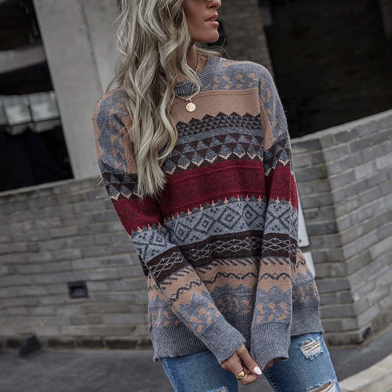 Streetwave Geometric Knit Sweater For Women Cotton Acrylic Blend Cozy Warmth And Chic Style