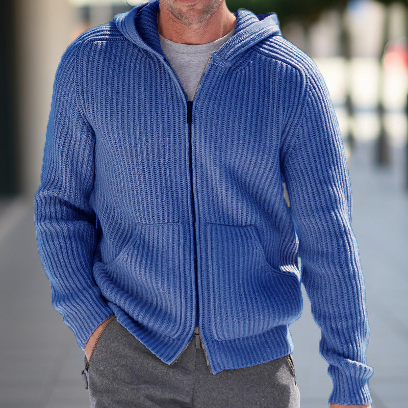 Men's Hooded Knit Cardigan With Relaxed Fit And Ribbed Texture For Casual Layering Long Sleeve