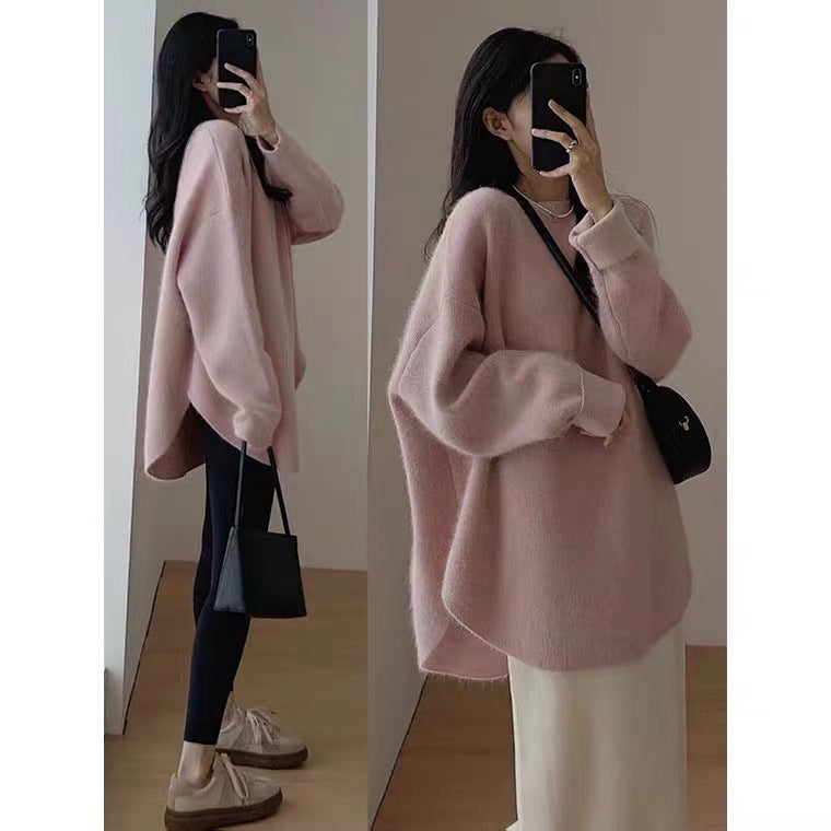 Street Wave Women Oversized Mid Length Pullover With Side Slits For Effortless Cozy Autumn Style