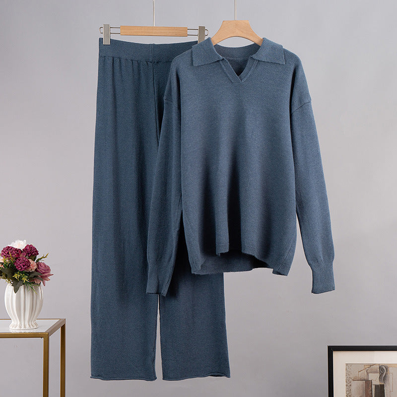 Street-Wave Knit Set With Polo Collar For Women Cozy Warm Pullover And Wide Leg Pants