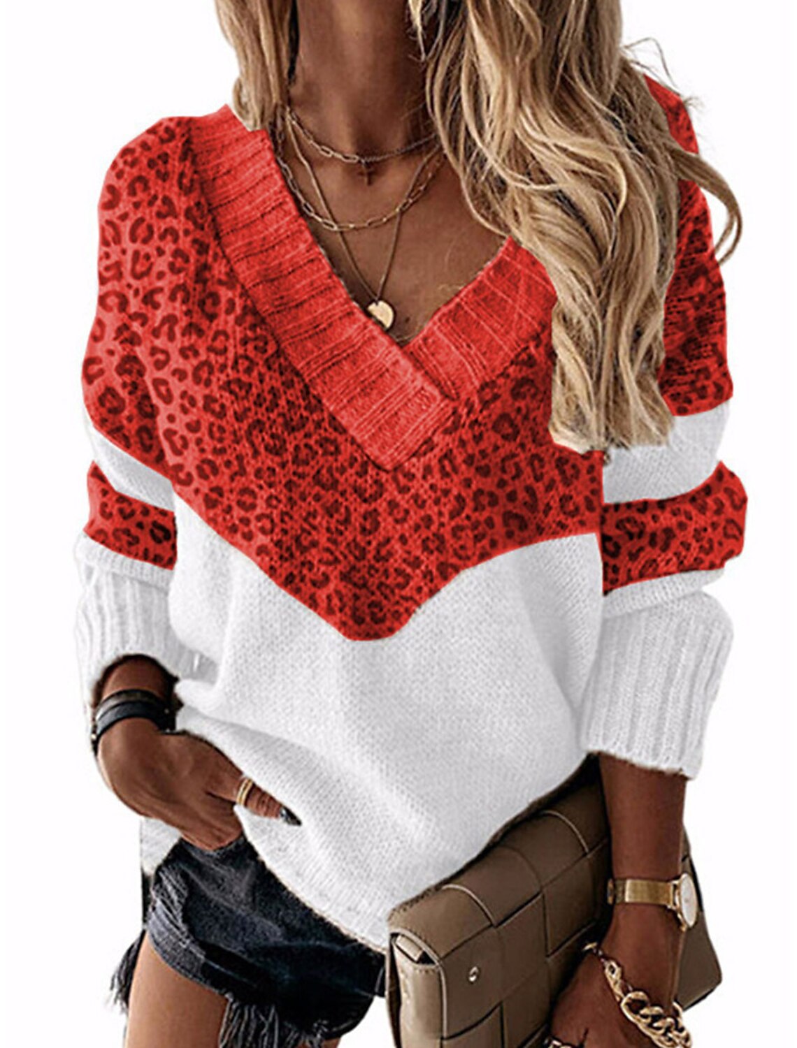 Street-Wave Women Leopard Print V Neck Sweater Soft Knit Cozy Warmth for Chic Comfort