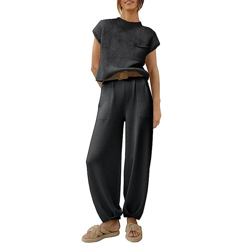 Street Wave Women's Knit Set Cropped Top Chest Pocket High Waist Wide Pants