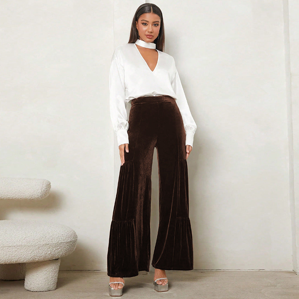 Street-Wave Velvet Wide-Leg Plush Pants With Pleats And High Waist For Women Night Out