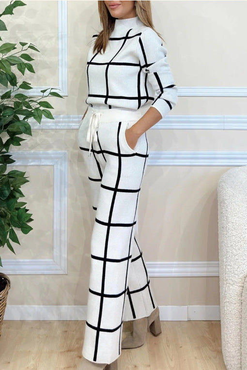 Street-wave Women Elegant Knit Loungewear Set With Graphic Grid Pattern Roll-Neck Top And Elastic-Waist Pants