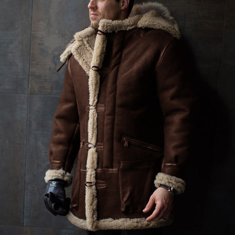 Street-wave Men's Lambskin Shearling Coat With Hood Premium Warmth And Practical Pockets