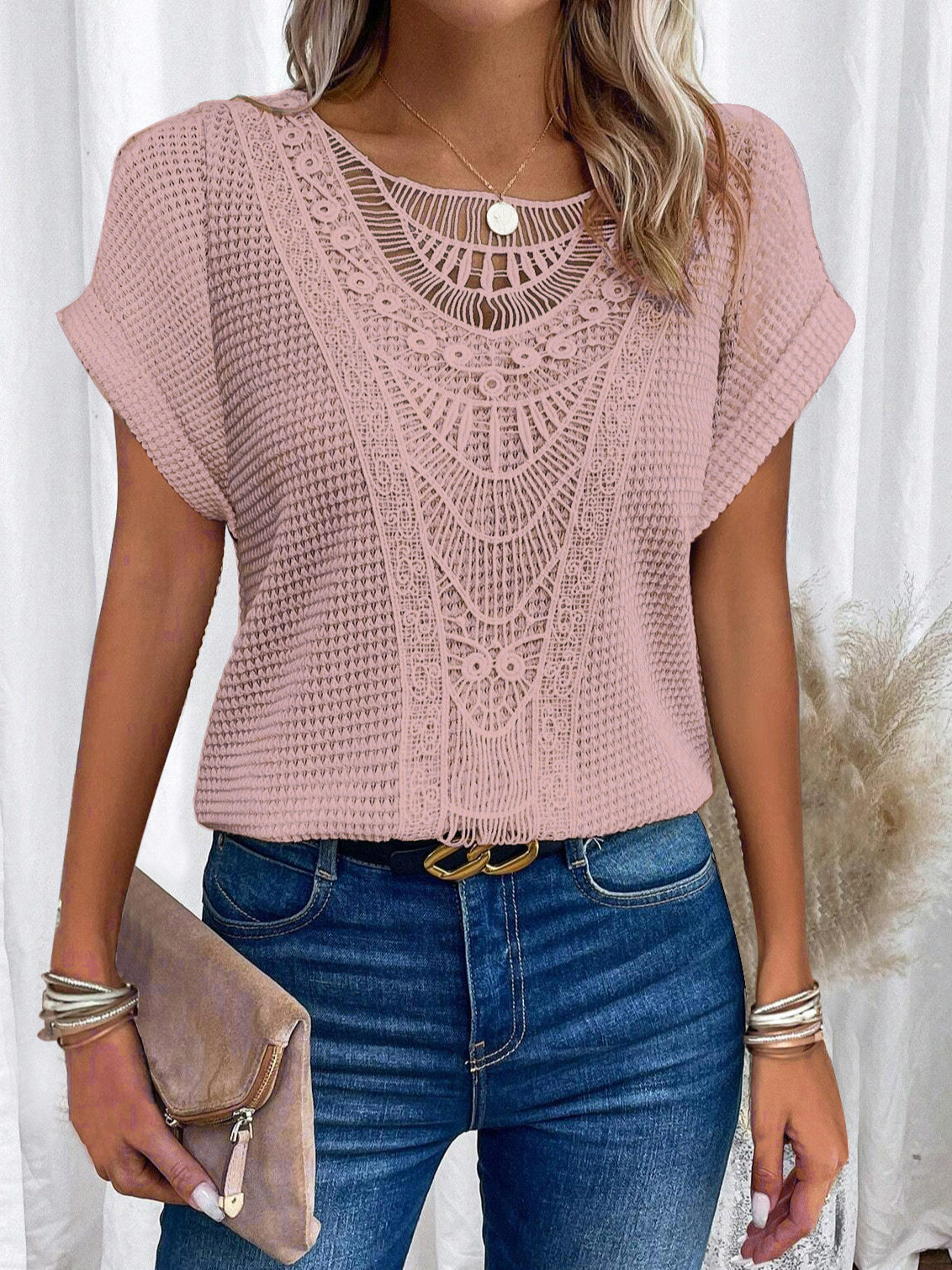 Womens Black Crochet Lace Top With Intricate Pattern And Relaxed Fit Street Wave