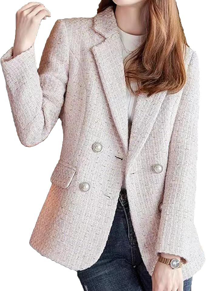 Street-wave Womens Tweed Blazer Double Breasted Chic Elegant Versatile For Office And Evening