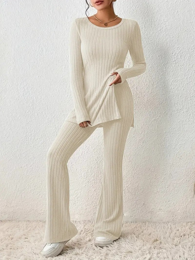 Street-Wave Women Ribbed Knit Lounge Set With Long Sleeves And Flared Pants Cozy Homewear