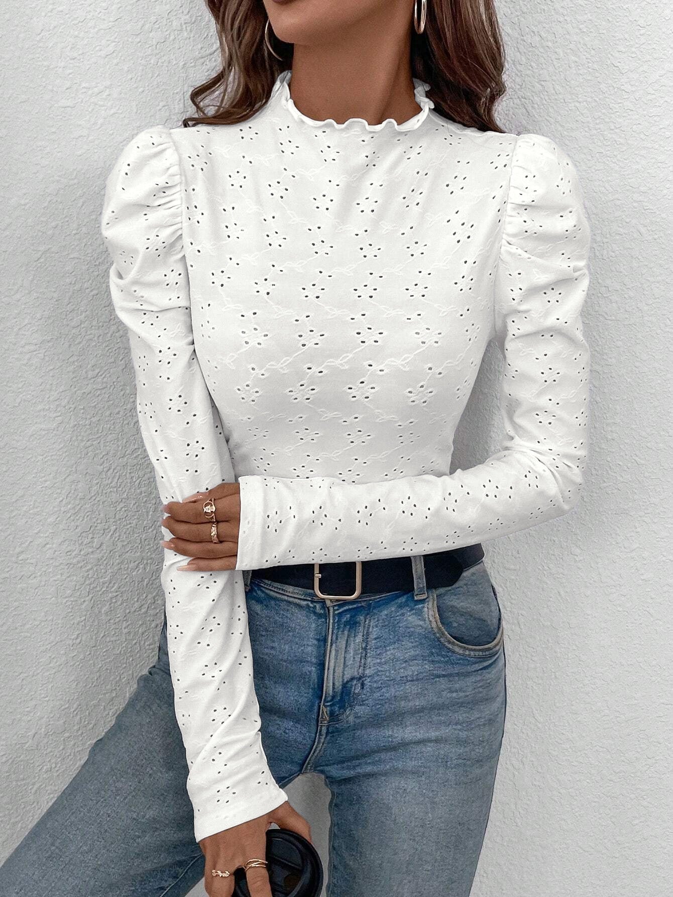 Street-wave Women's Long Sleeve Top With Ruffle Collar And Eyelet Pattern For Flattering Puff Sleeves