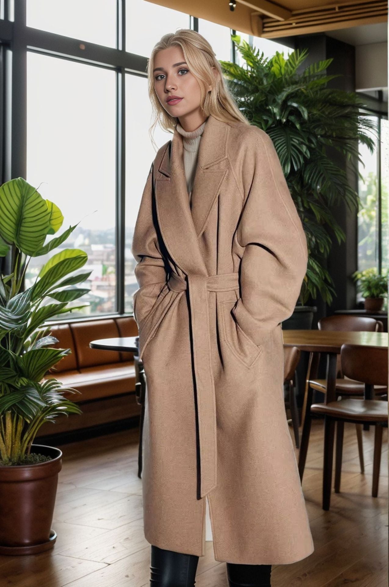 Street Wave Women's Elegant Wool Coat With Belt And Wide Sleeves For Sophisticated Style