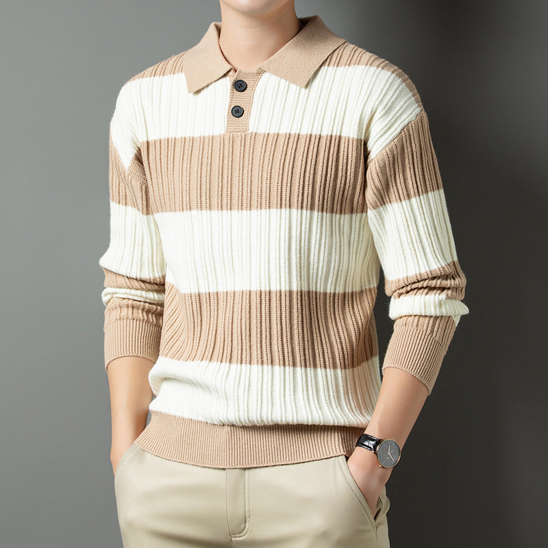 Streetwave Men's Striped Rib Knit Polo Sweater With Structured Texture And Comfort For Everyday Casual Wear