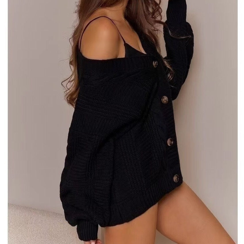 Street-Wave Women's Deep V-Neck Cable Knit Cardigan With Braided Design Soft Cozy Elegance
