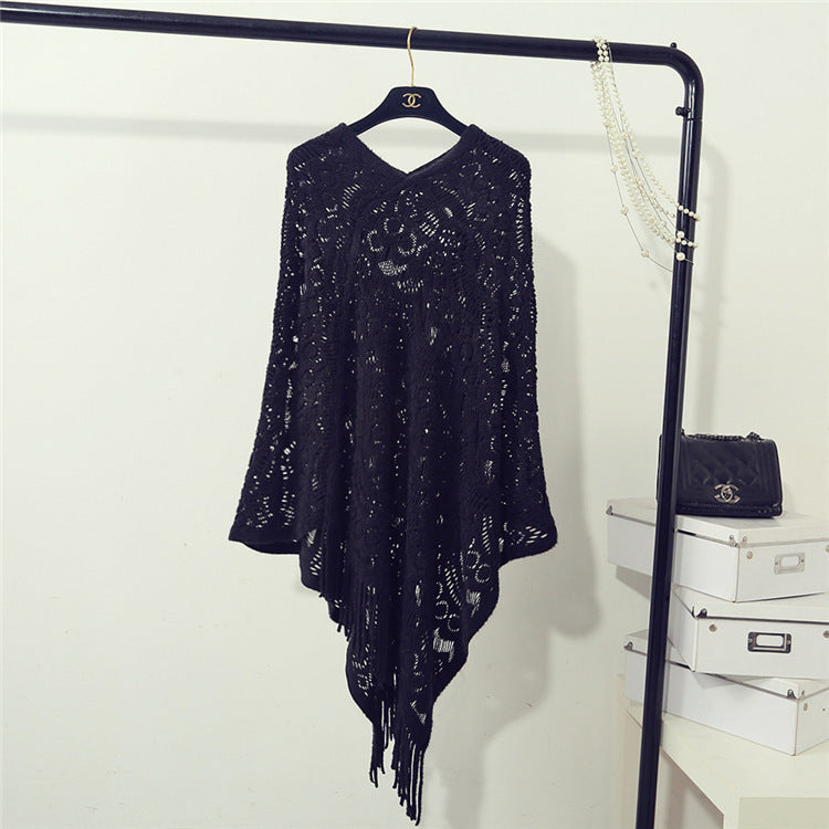 Street Wave Elegant Crochet Poncho For Women With Decorative Lace Pattern Lightweight Cozy Wrap