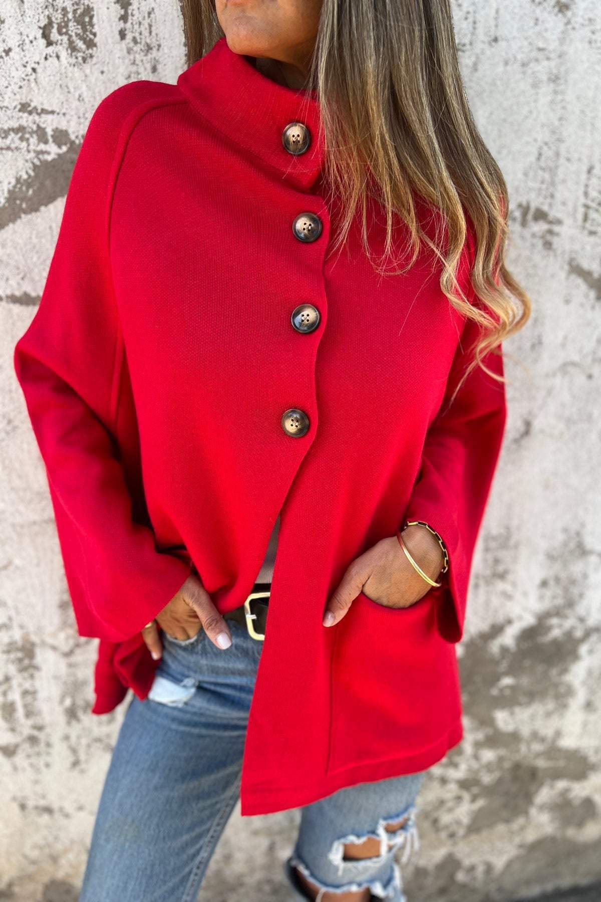 Street-wave Red Buttoned Cardigan With Half Turtleneck For Women, Cozy Durable Knitwear Elevates Everyday Style