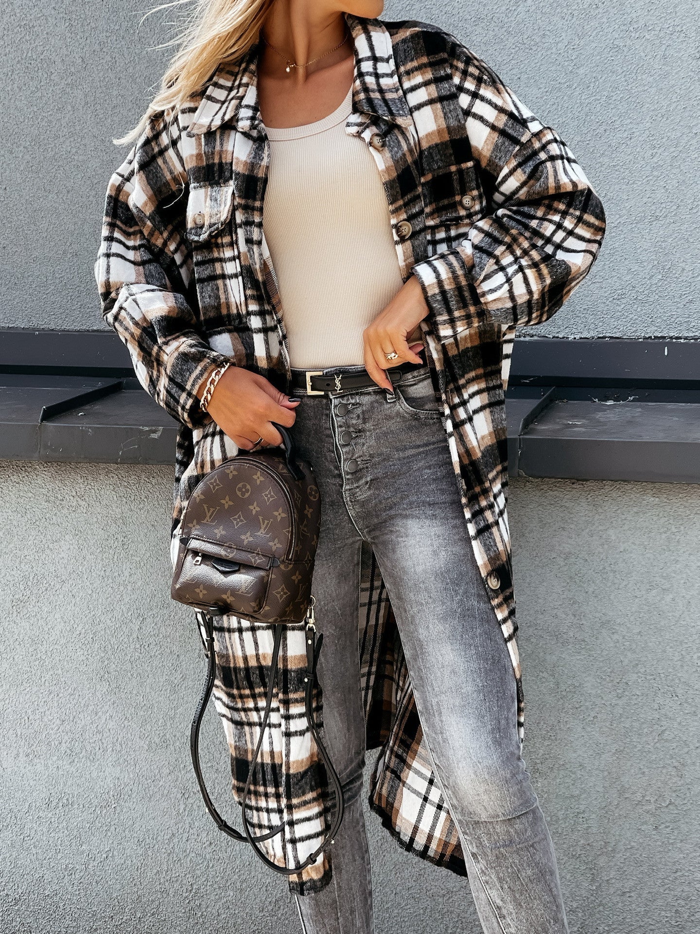 Street-wave Women Plaid Shirt Coat Longline With Soft Cotton Blend Comfort Versatile Everyday Wear
