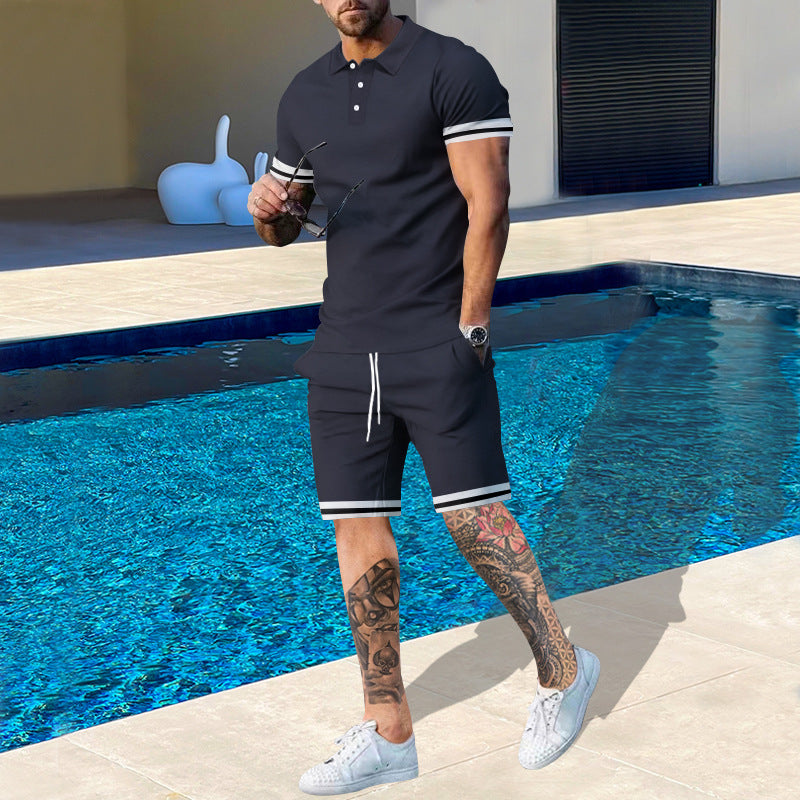 Street Wave Men's Polo Shirt And Shorts Set With Sporty Accents For Summer Comfort
