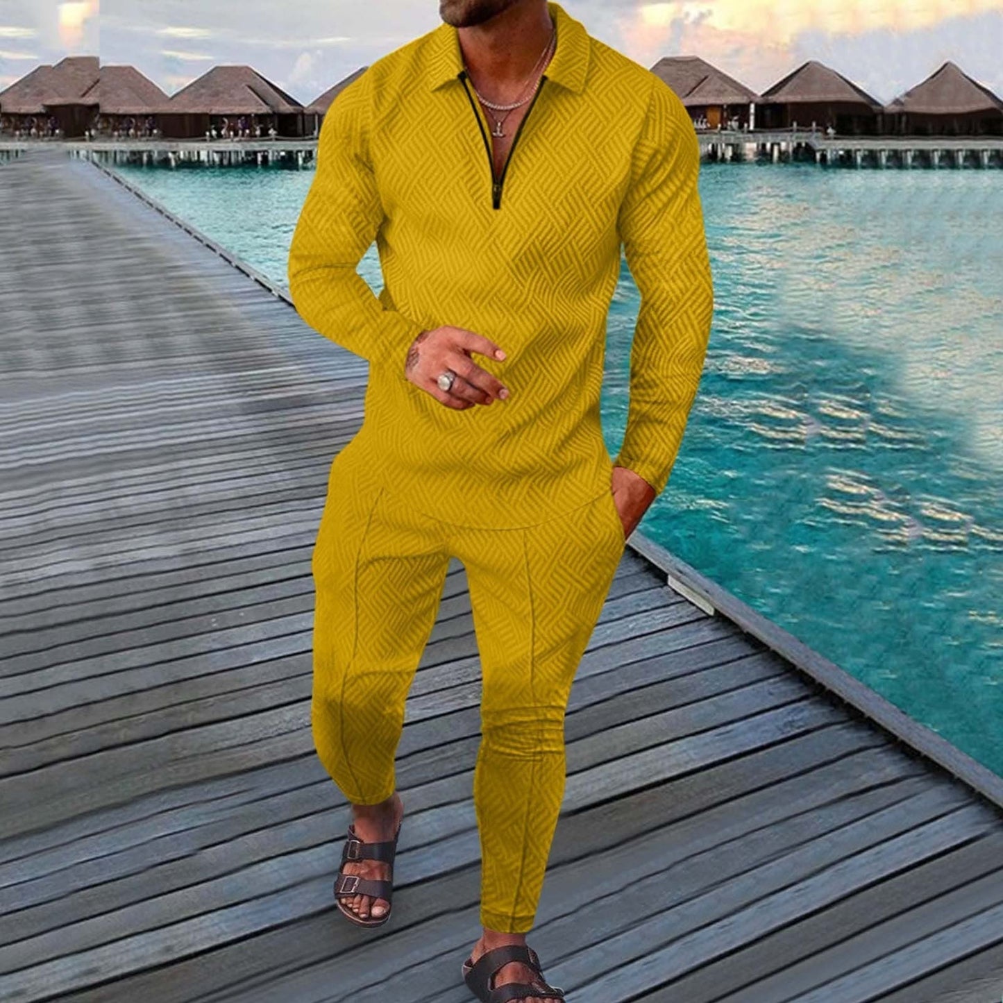 Men's Two Piece Slim Fit Sports Leisure Suit With Breathable 3D Print Long Sleeve Polo By Street-Wave