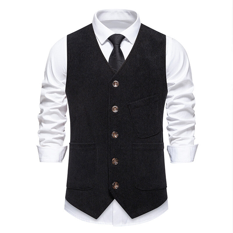 Elegant Mens Corduroy Vest With Practical Pockets And Textured Design By Street-wave For Formal Occasions