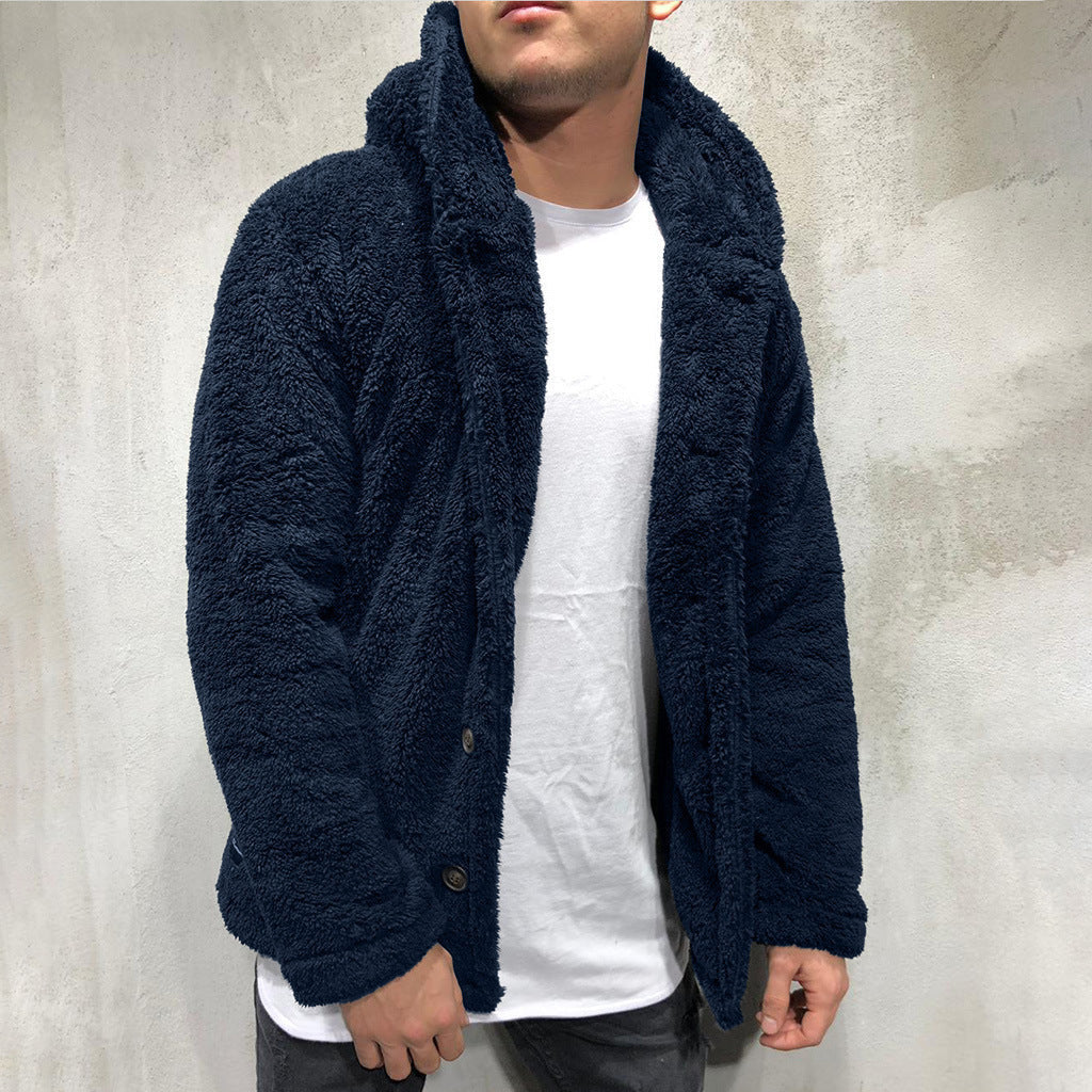 Street-wave Men's Cozy Teddy Jacket With Wide Lapel Warm Plush Fabric Practical Pockets