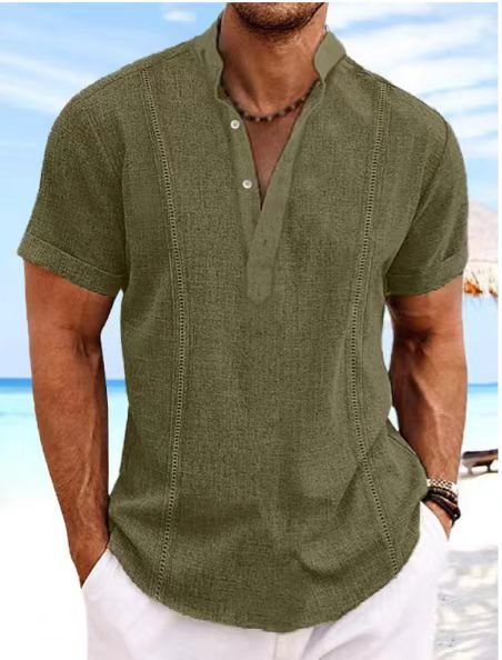 Street-Wave Mens Linen Short Sleeve Shirt Breathable Lightweight Casual Vacation Wear