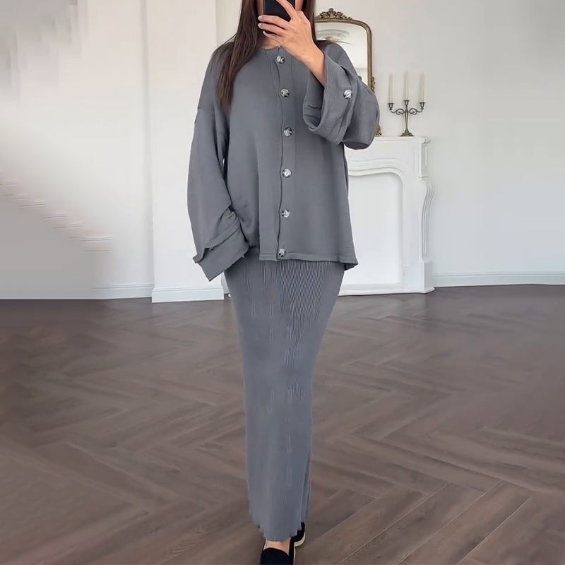 Street Wave Women's Knit Suit With Elegant Blazer And Sleeveless Maxi Dress For Timeless Chic