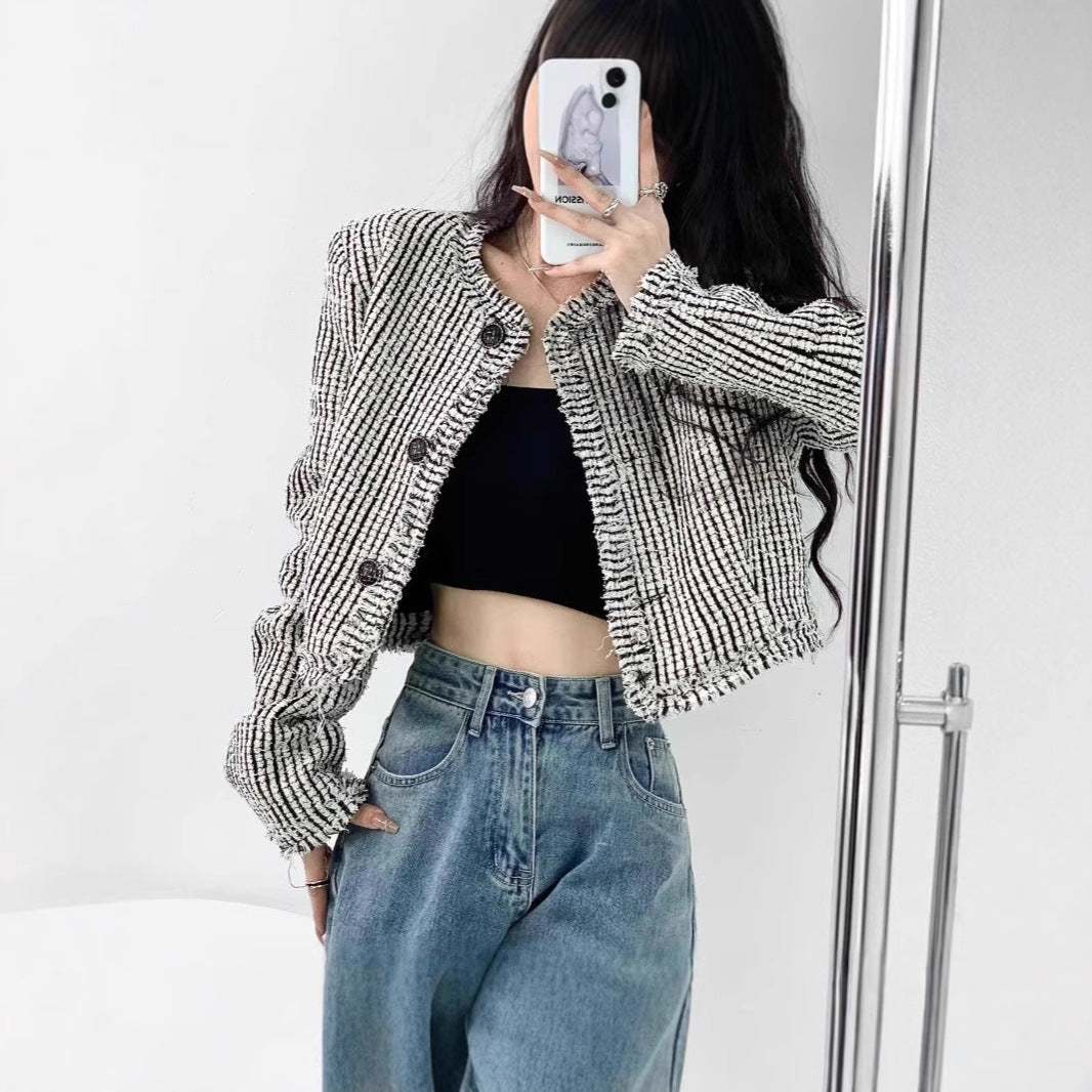 Damen trendige Bouclé-Jacke mit dekorativen Knöpfen und lässigem Schnitt Street-wave - Street-wave