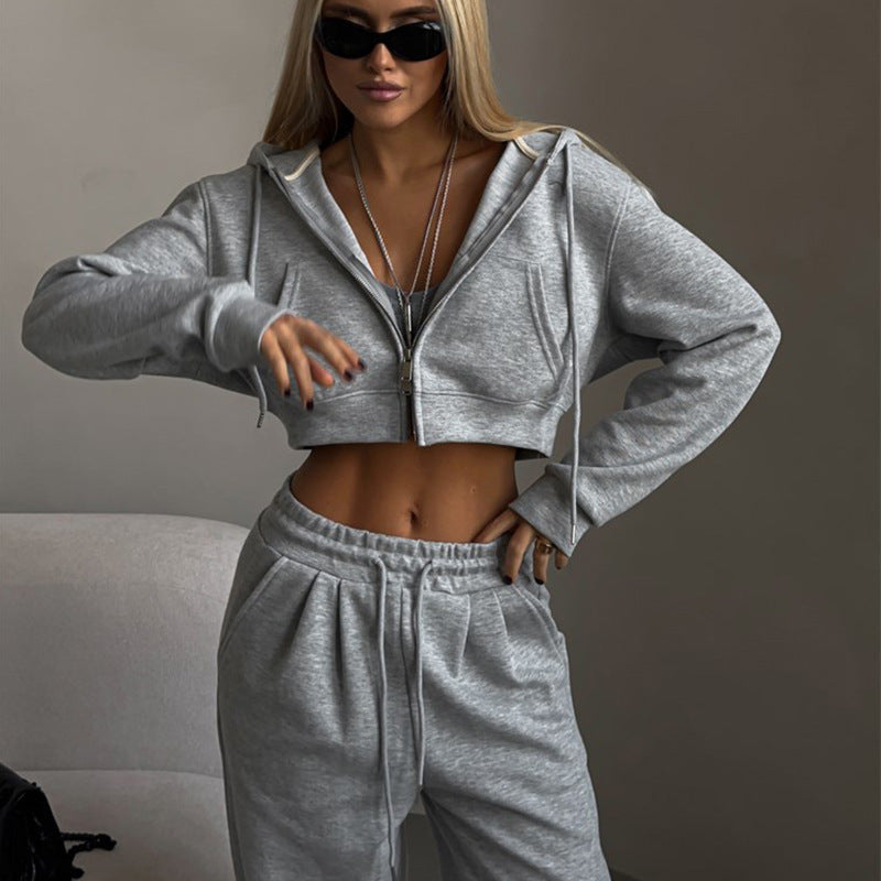 Street-wave Women’s Cropped Hoodie Set With Wide-Leg Joggers For Cozy Streetwear