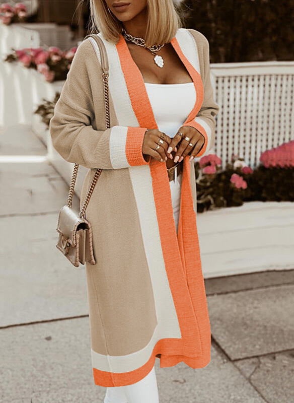 Street-wave Women Colorblock Knit Cardigan With Open Front Long Cozy Sweater For Everyday Wear