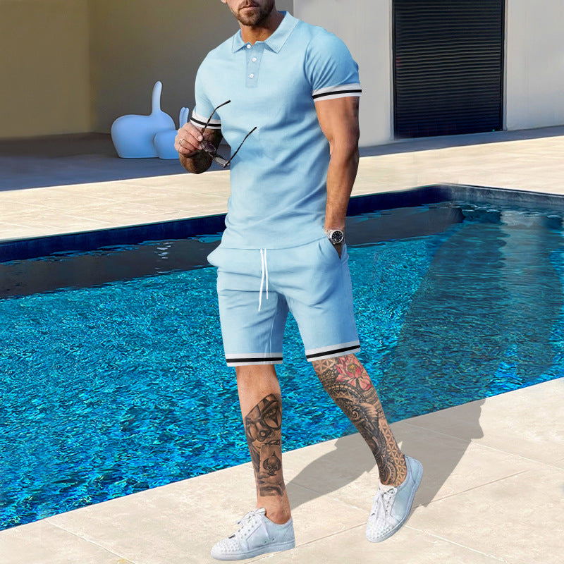 Street Wave Men's Polo Shirt And Shorts Set With Sporty Accents For Summer Comfort