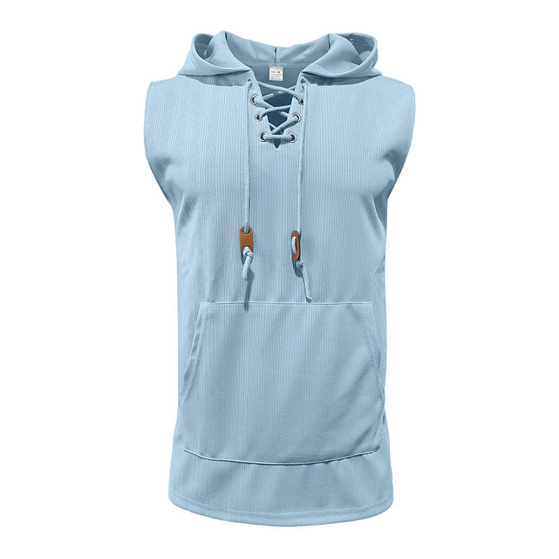 Street-Wave Mens Sleeveless Hooded Tank Top With Lace-Up Front For Active Athletes