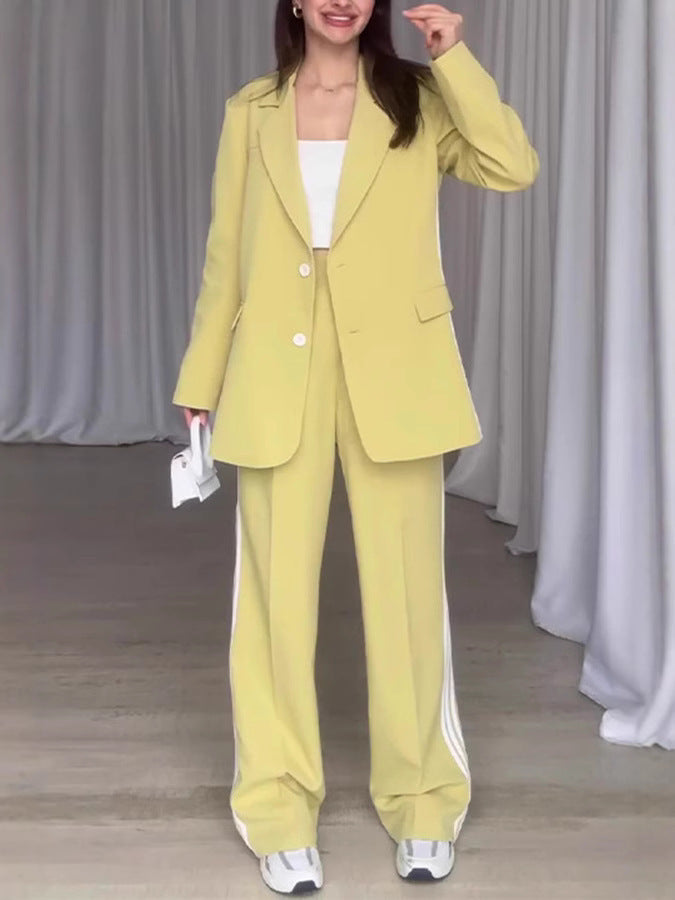 Street-wave Women Blazer Pants Set With Contrast Stripes For Chic Breathable Comfort