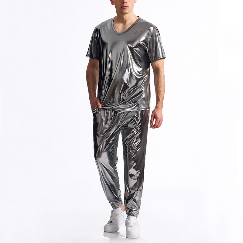 Street-wave Mens Breathable Shiny Material V-Neck Tracksuit Set For Fitness Enthusiasts And Gym Lovers