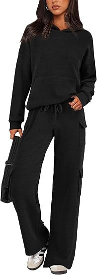 Street Wave Women Cozy Lounge Set With Hood And Wide Leg Pants For Home Comfort