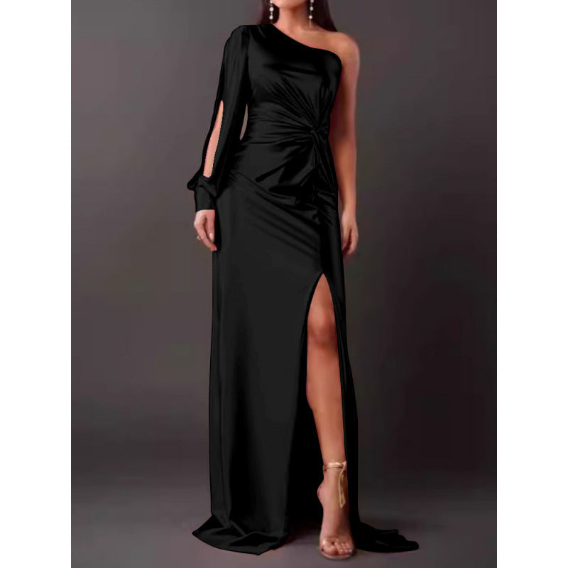 Street Wave Satin One Shoulder Maxi Dress For Women With Slim Fit And High Slit