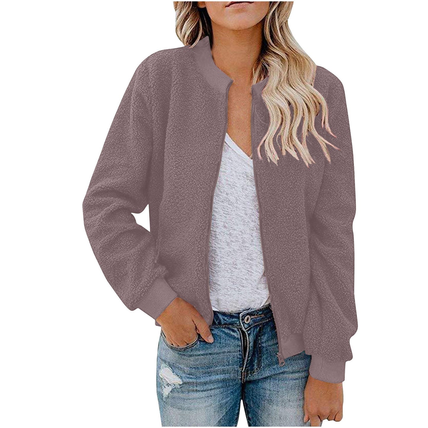 Street Wave Womens Fleece Bomber Jacket With Stand Collar Cozy Warm Everyday Wear