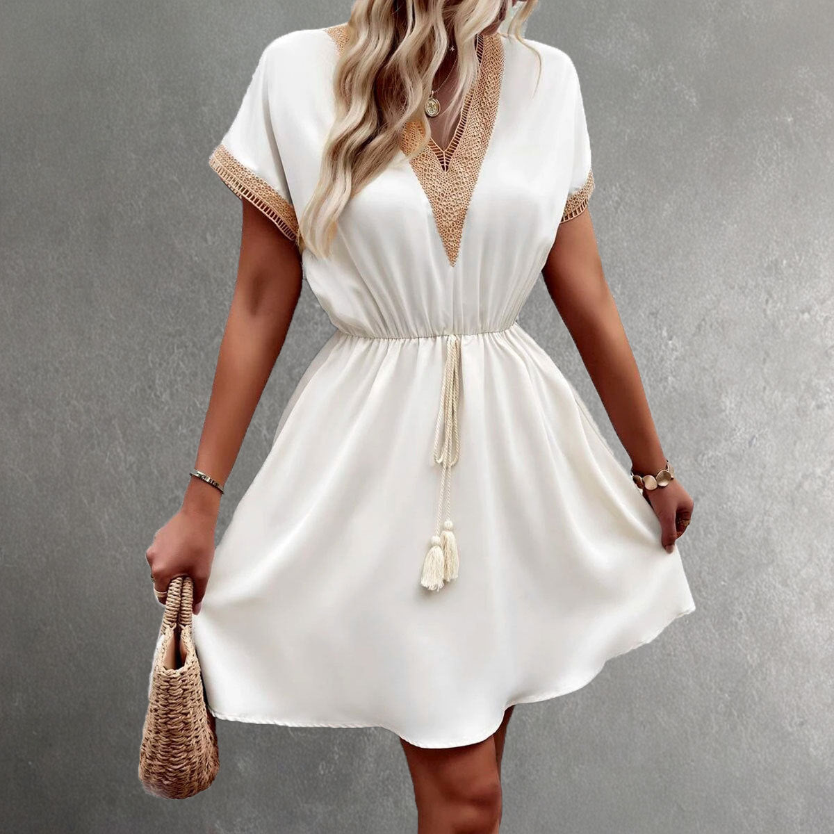 Street-Wave Women Mini Dress V-Neck Lace Trim Elastic Waist