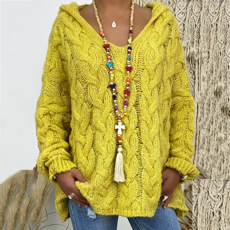 Street-wave Knitted Hoodie With V-Neck Cozy Cable Knit Sweatshirt For Women Elegant Casual Look