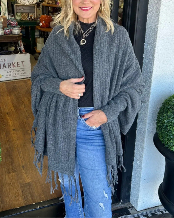Street-Wave Women's Versatile Fringed Poncho Soft Cotton Cozy All-Season For Trendy Women