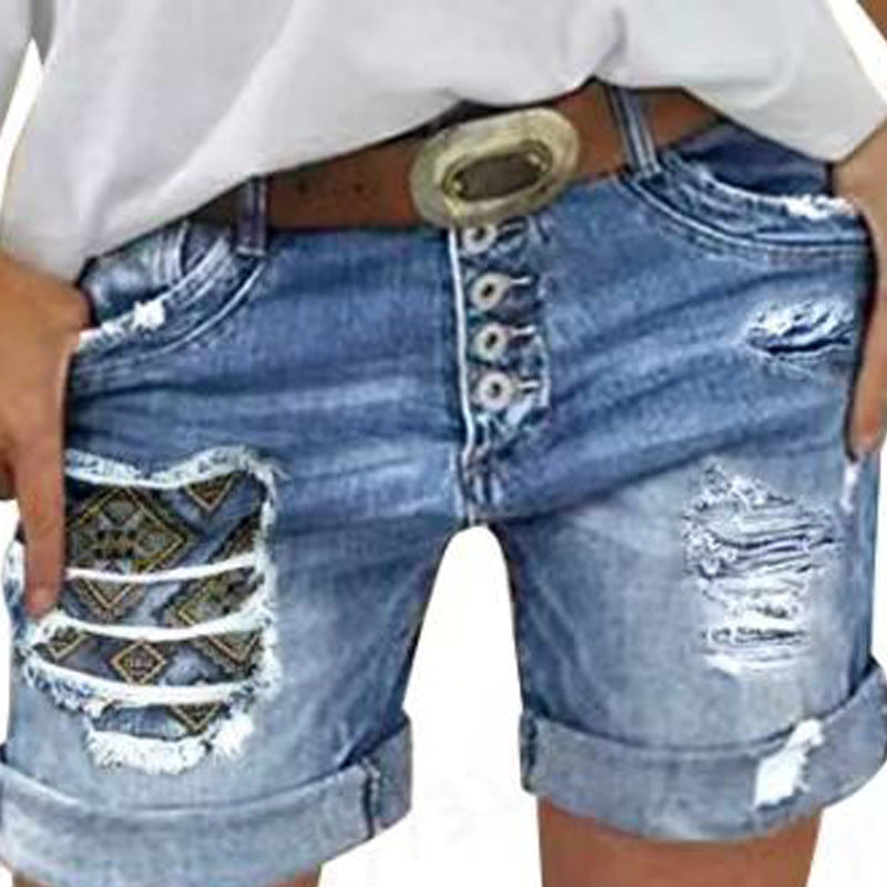 Streetwave Womens Denim Shorts With Fringe Detail And Embroidered Patches For Trendy Summer Style