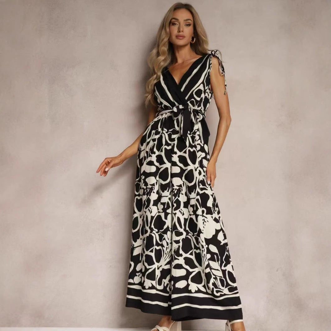 Street-Wave Women's Jumpsuit Sleeveless V-Neck Relaxed Belted Printed