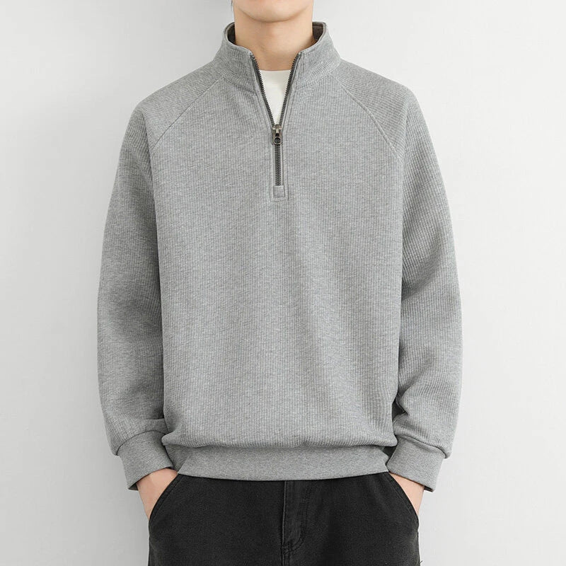 Street-Wave Mens Ribbed Half Zip Sweatshirt With High Collar Casual Everyday Wear Relaxed Fit