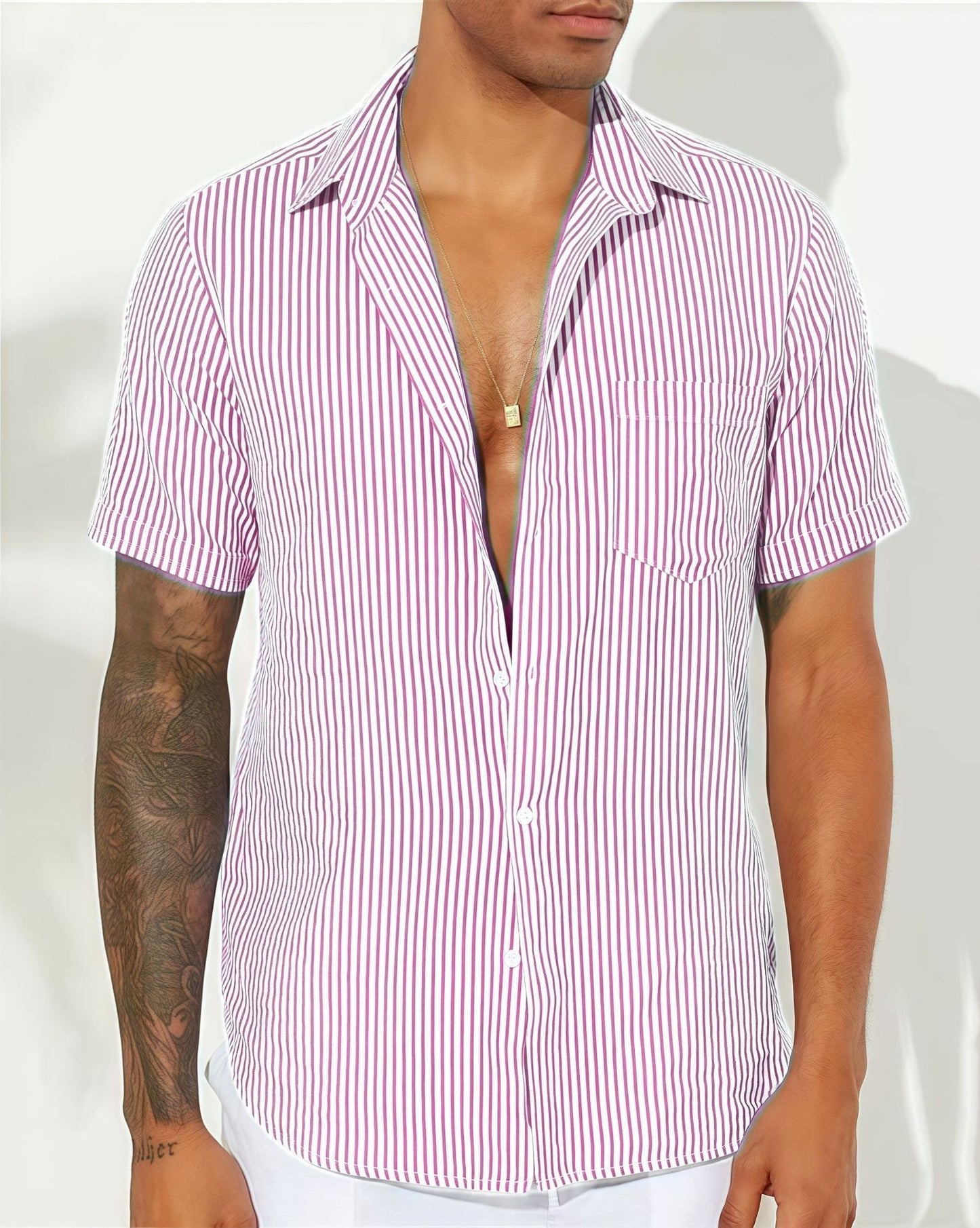 Street-Wave Men's Short Sleeve Striped Button-Up Shirt Relaxed Fit Cotton Blend